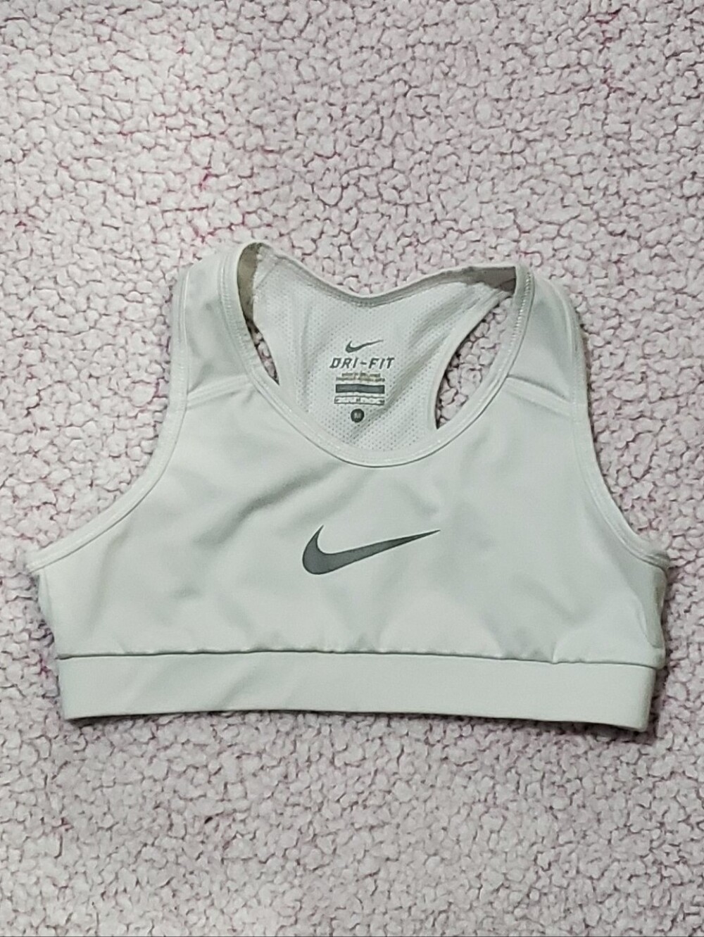 Nike White Crop Sports Bra with Gray Swoosh women M